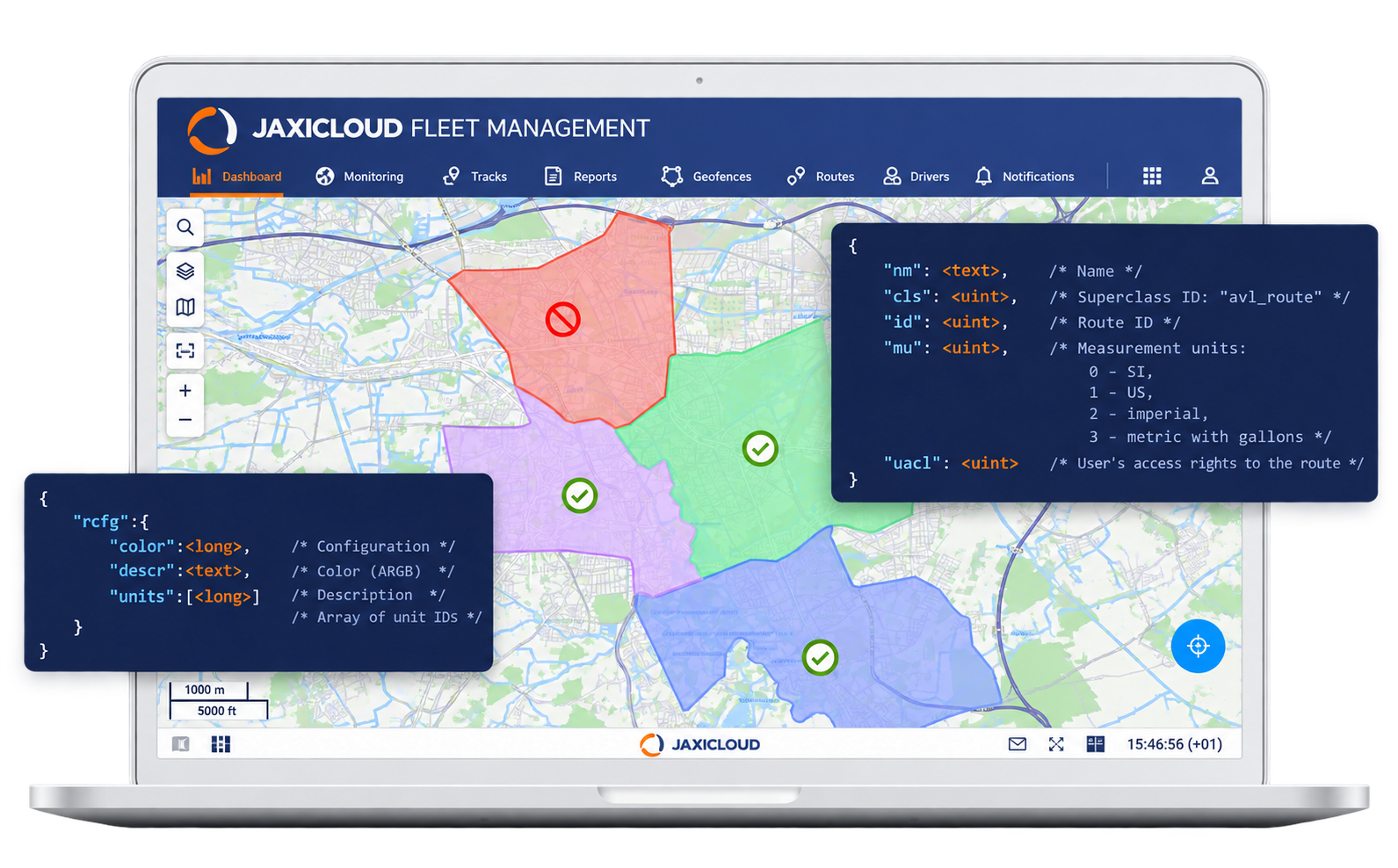 JAXICLOUD FLEET MANAGEMENT vist på en computer med kort og eksempler på API-kode